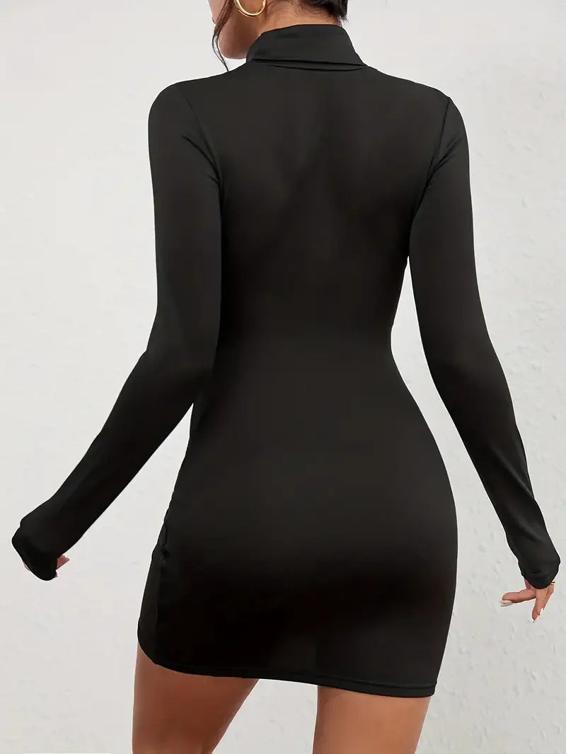 Solid Mock Neck Bodycon Dress, Long Sleeve, Black.